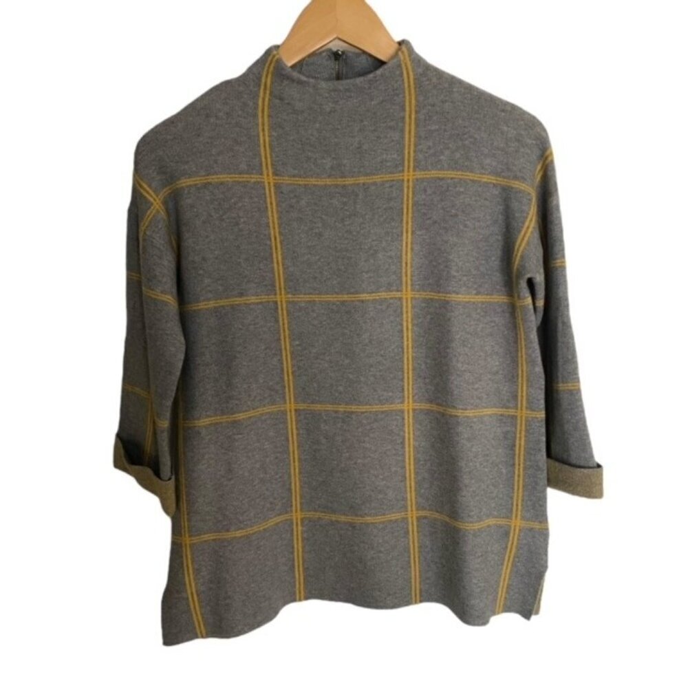 Tahari Grey Windowpane Mock Neck Sweater Small